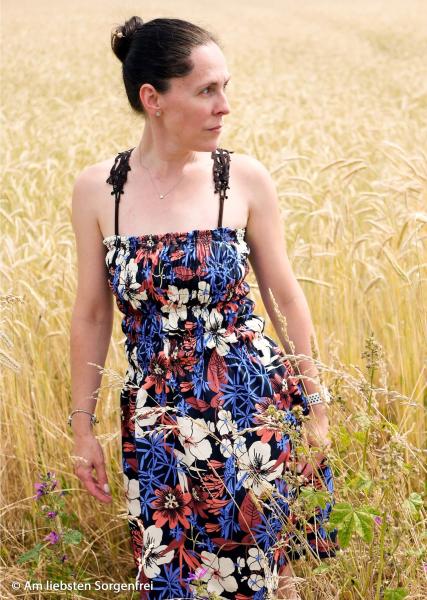 Baumwoll Stretch-Satin Bloom - bunte Blüten auf Schwarzblau